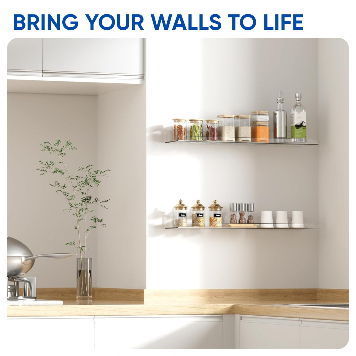 Clear acrylic floating shelves in kitchen
