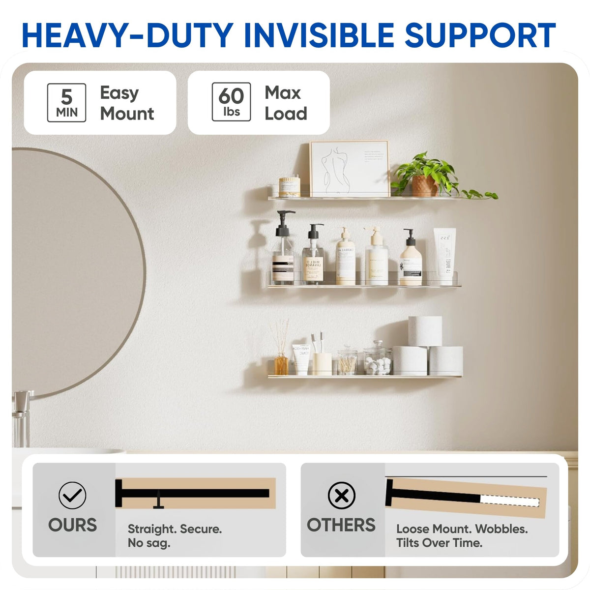 Clear acrylic floating shelves in home